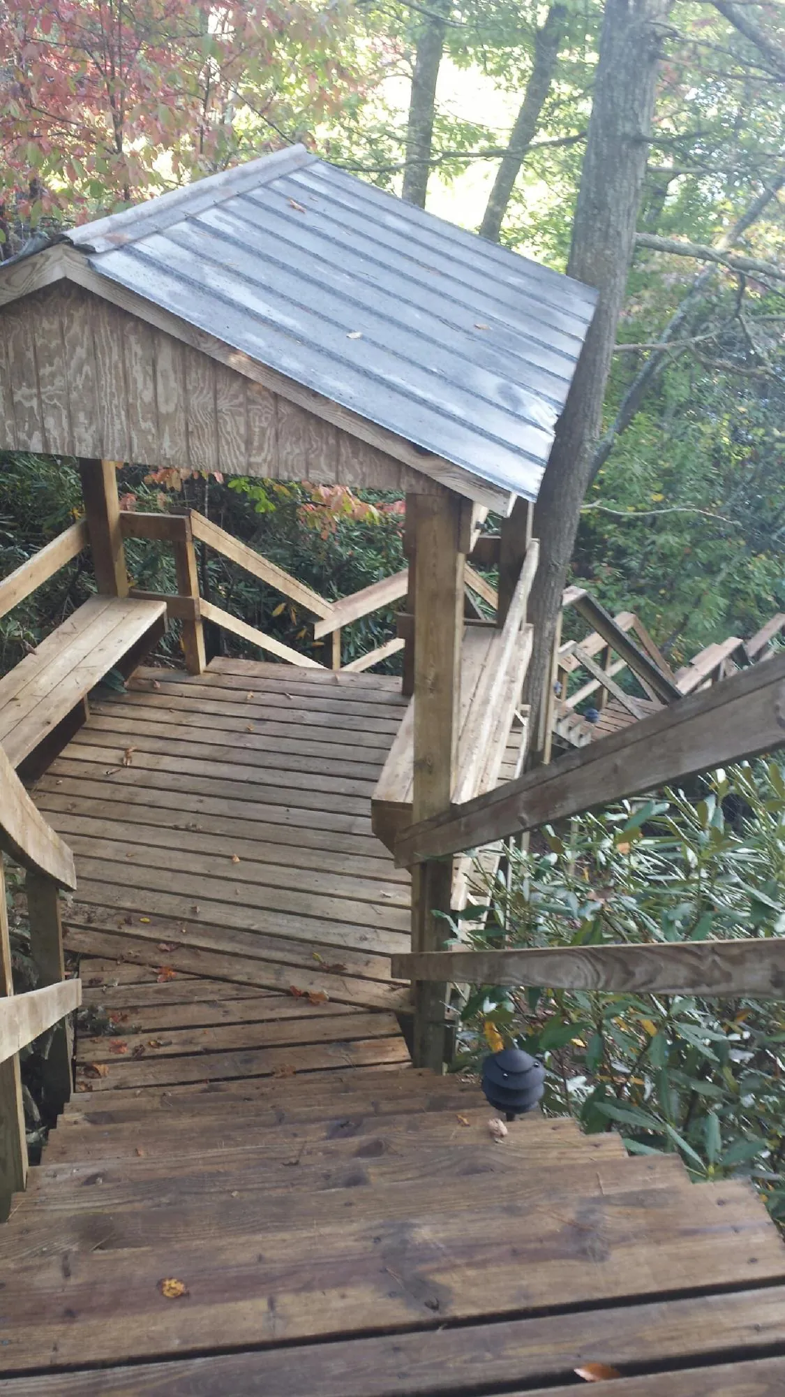 Metal roofed shelter over wooden steps on a wooded walkway — Skylight Repair & Installation work by our crew in Holly Ridge